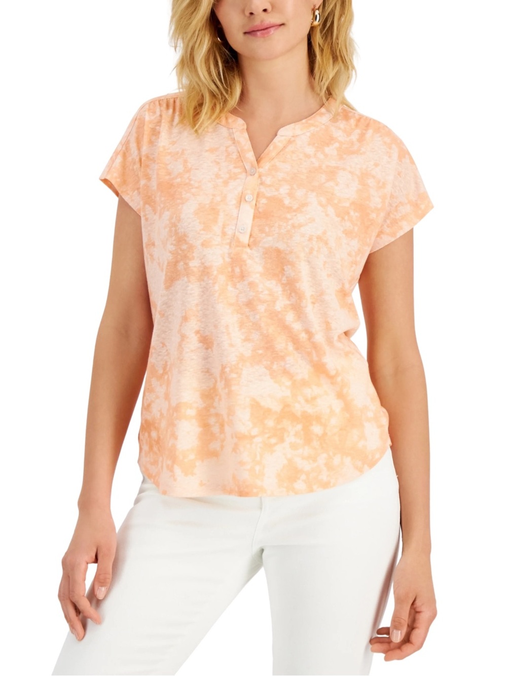 Style & Co. Peach Tie-Dye Short Sleeve Henley Tee